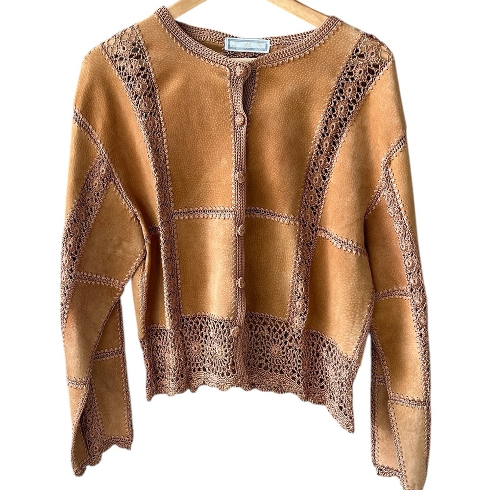 SMH Vintage Tan Suede Crocheted Button Down Jacket Sz L